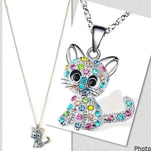 NWT Gorgeous Silver Kitty Cat Long Chain Necklace with Colorful Rhinestones